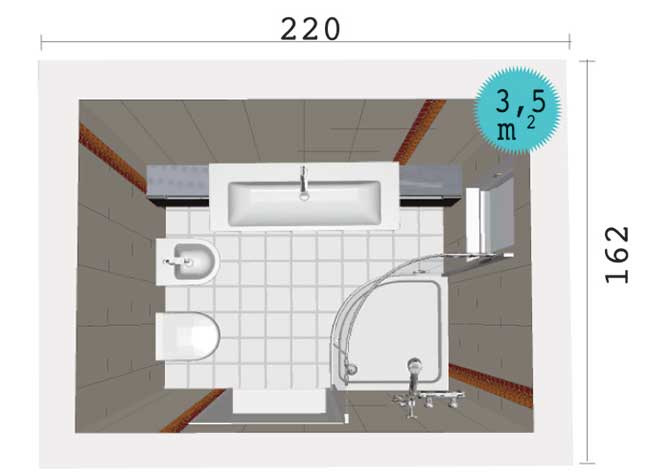 l La doccia ad angolo tra porta e finestra permette di occupare la parete frontale con un ampio top che incorpora il lavabo, mentre sull’altra parete corta trovano posto vasi di misure standard.