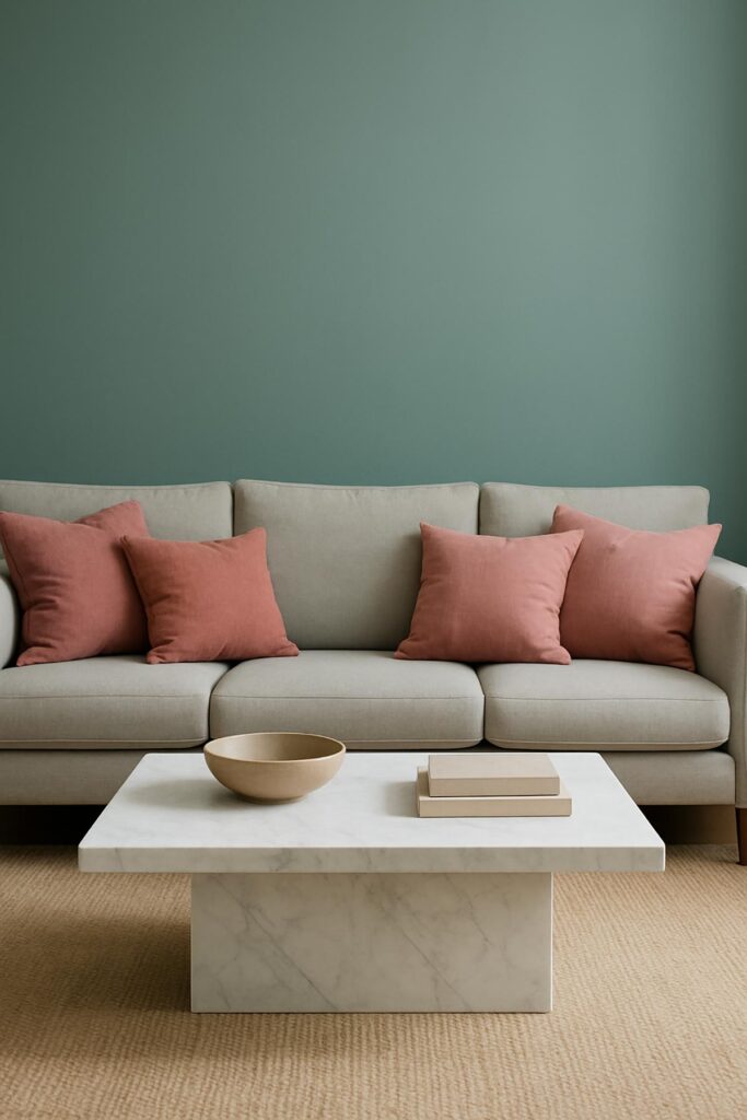 Arredamento moderno con pareti color ottanio e dettagli, come cuscini e accessori, di colore rosa cipria.