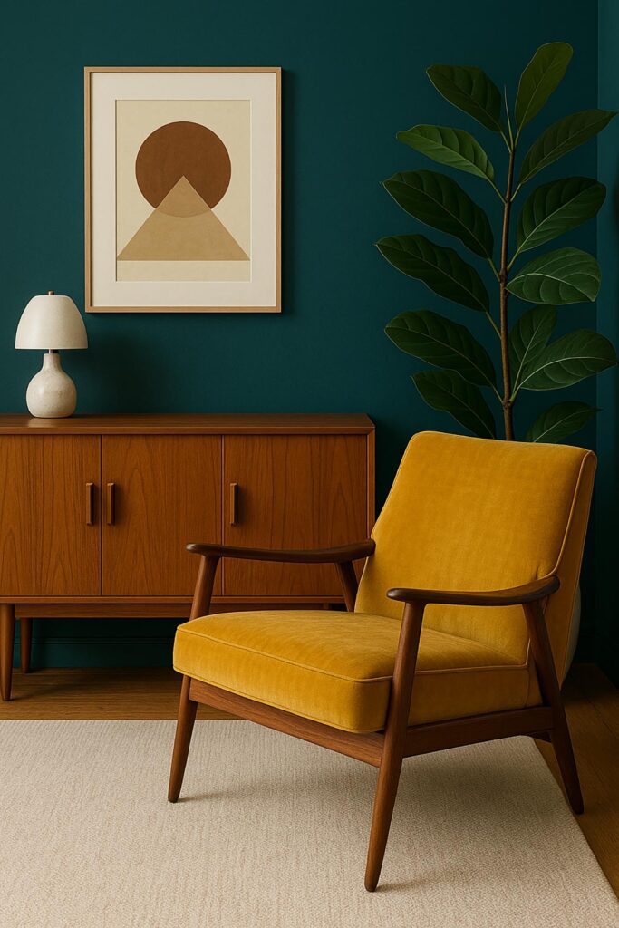 Interno in stile Mid-Century Modern con parete ottanio, mobile in legno di noce e una poltrona di velluto giallo senape.